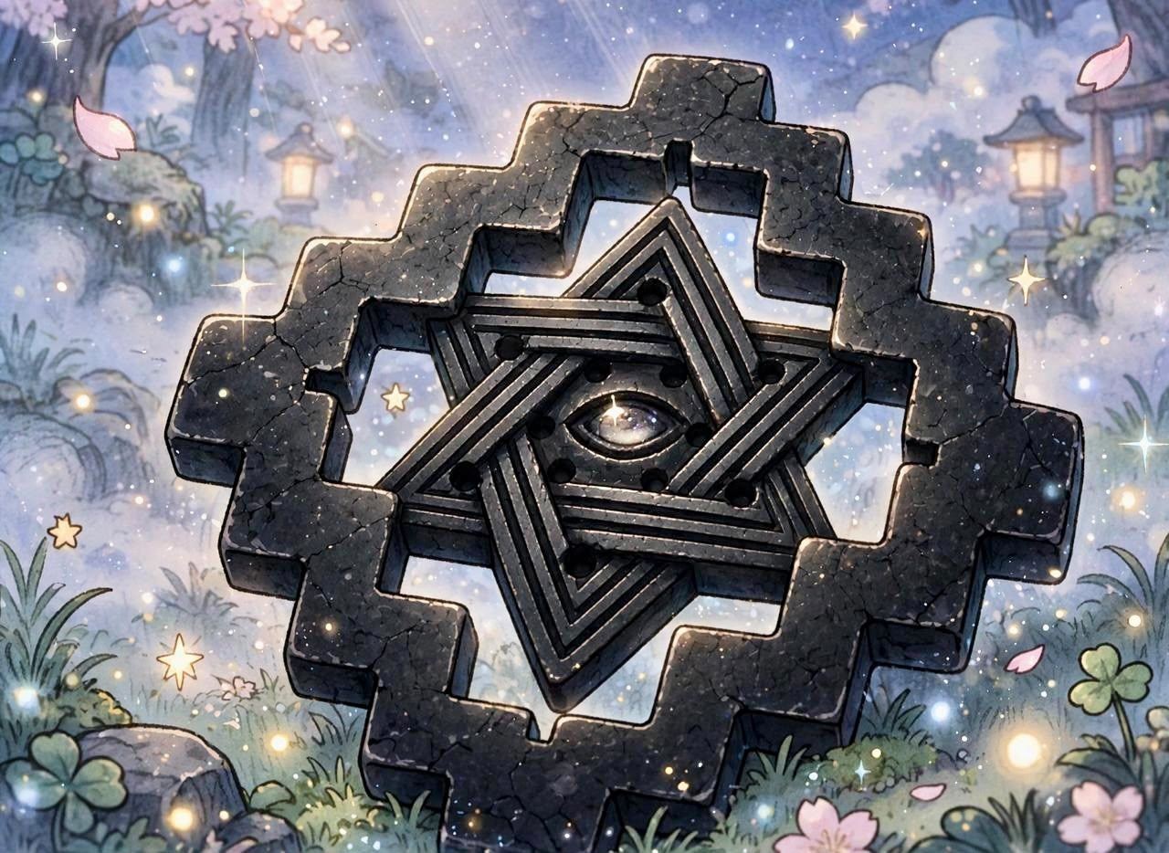 Arte da edição: chakana de pedra com estrela de seis pontas e um olho ao centro, entre luzes e flores